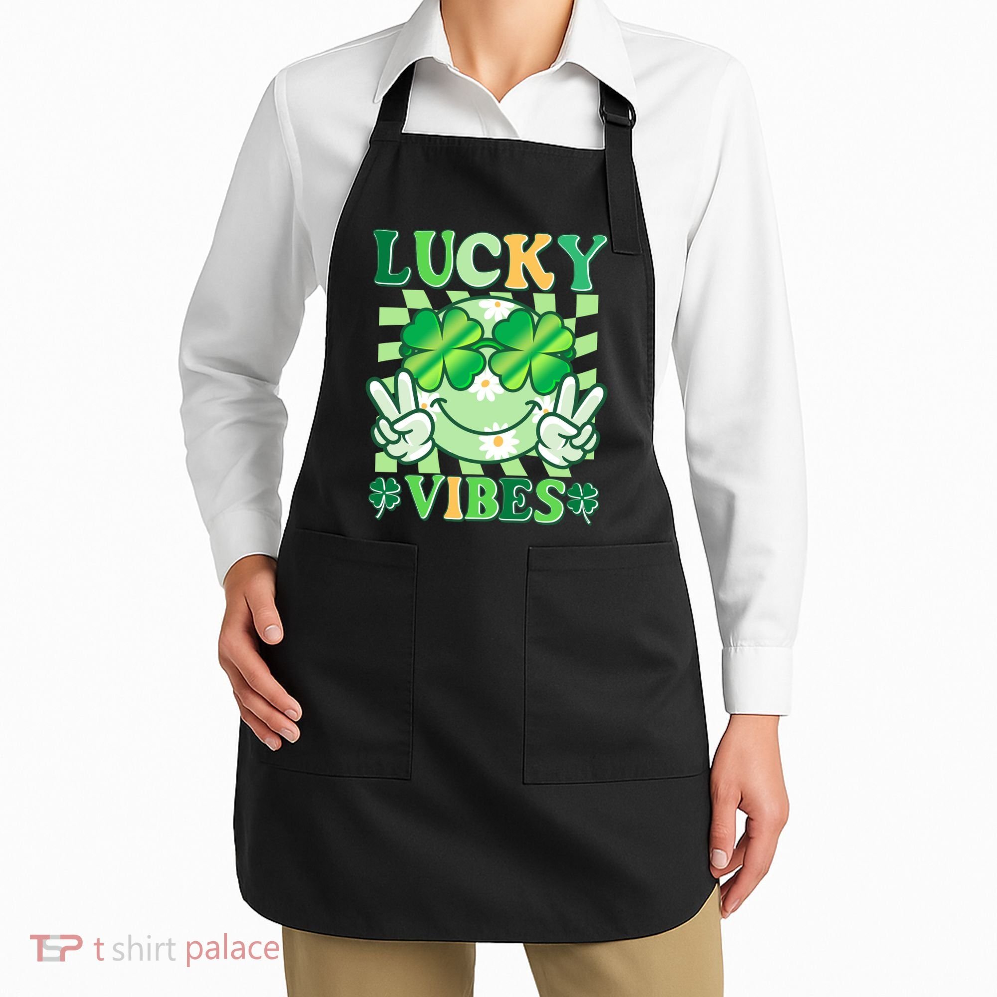 Retro St Patricks Day Lucky Vibes Peace Smiley Emoji Apron