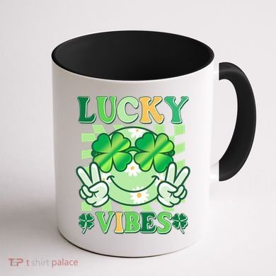 Retro St Patricks Day Lucky Vibes Peace Smiley Emoji Coffee Mug back