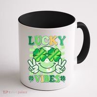 Retro St Patricks Day Lucky Vibes Peace Smiley Emoji Coffee Mug thumb 1