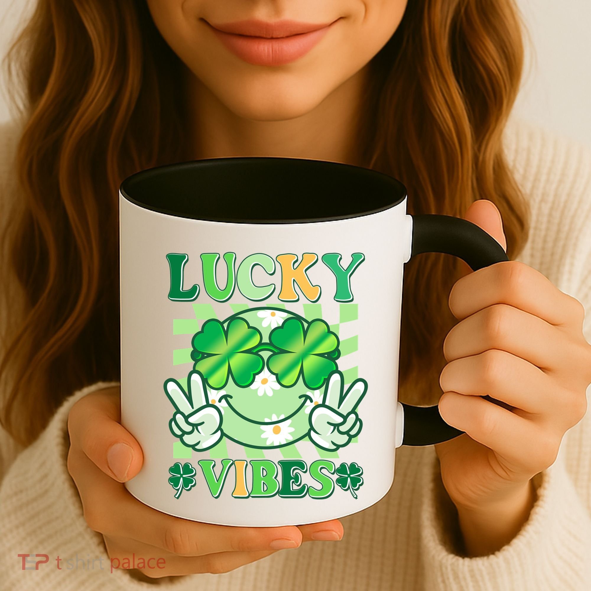 Retro St Patricks Day Lucky Vibes Peace Smiley Emoji Coffee Mug