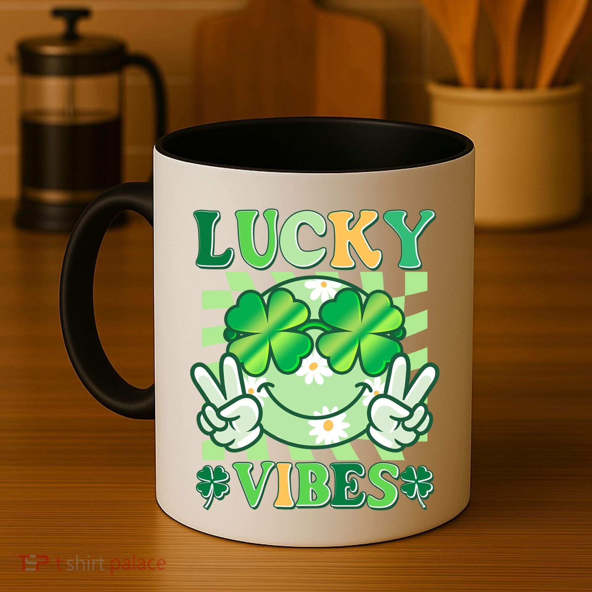 Retro St Patricks Day Lucky Vibes Peace Smiley Emoji Coffee Mug