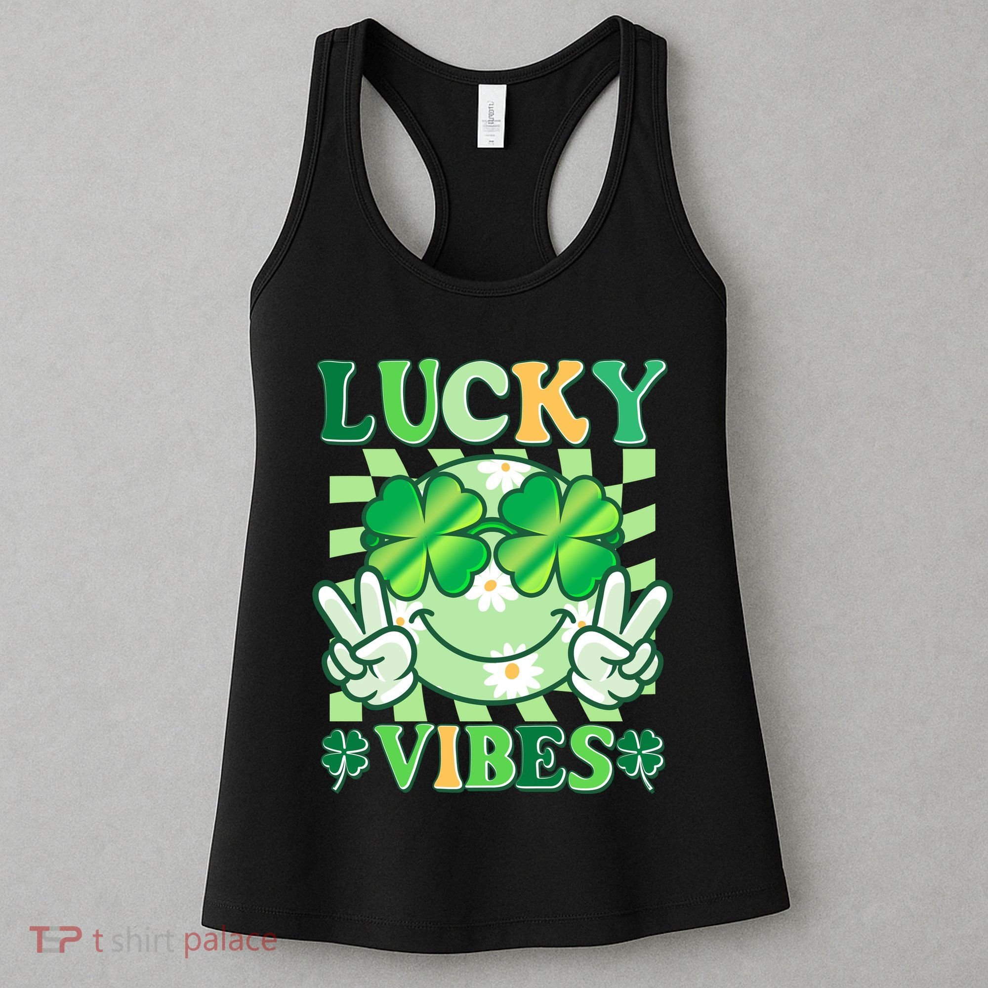 Retro St Patricks Day Lucky Vibes Peace Smiley Emoji Women's Tank Top
