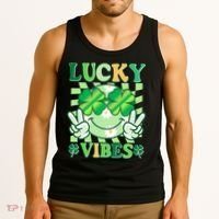 Retro St Patricks Day Lucky Vibes Peace Smiley Emoji Tank Top thumb 3