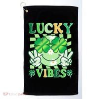 Retro St Patricks Day Lucky Vibes Peace Smiley Emoji Golf Towel thumb 0