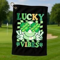Retro St Patricks Day Lucky Vibes Peace Smiley Emoji Golf Towel thumb 1