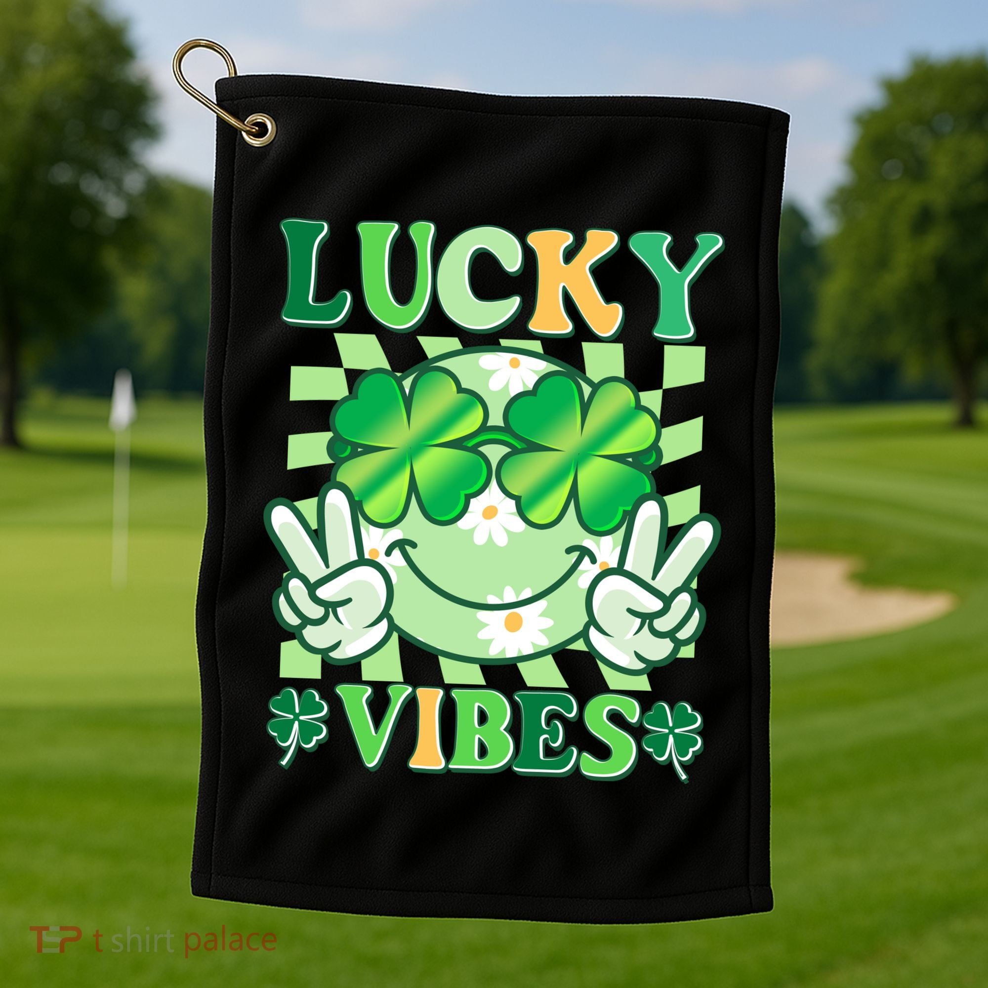 Retro St Patricks Day Lucky Vibes Peace Smiley Emoji Golf Towel