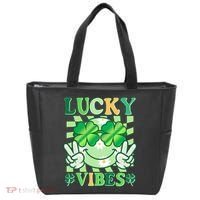 Retro St Patricks Day Lucky Vibes Peace Smiley Emoji Tote Bag thumb 0