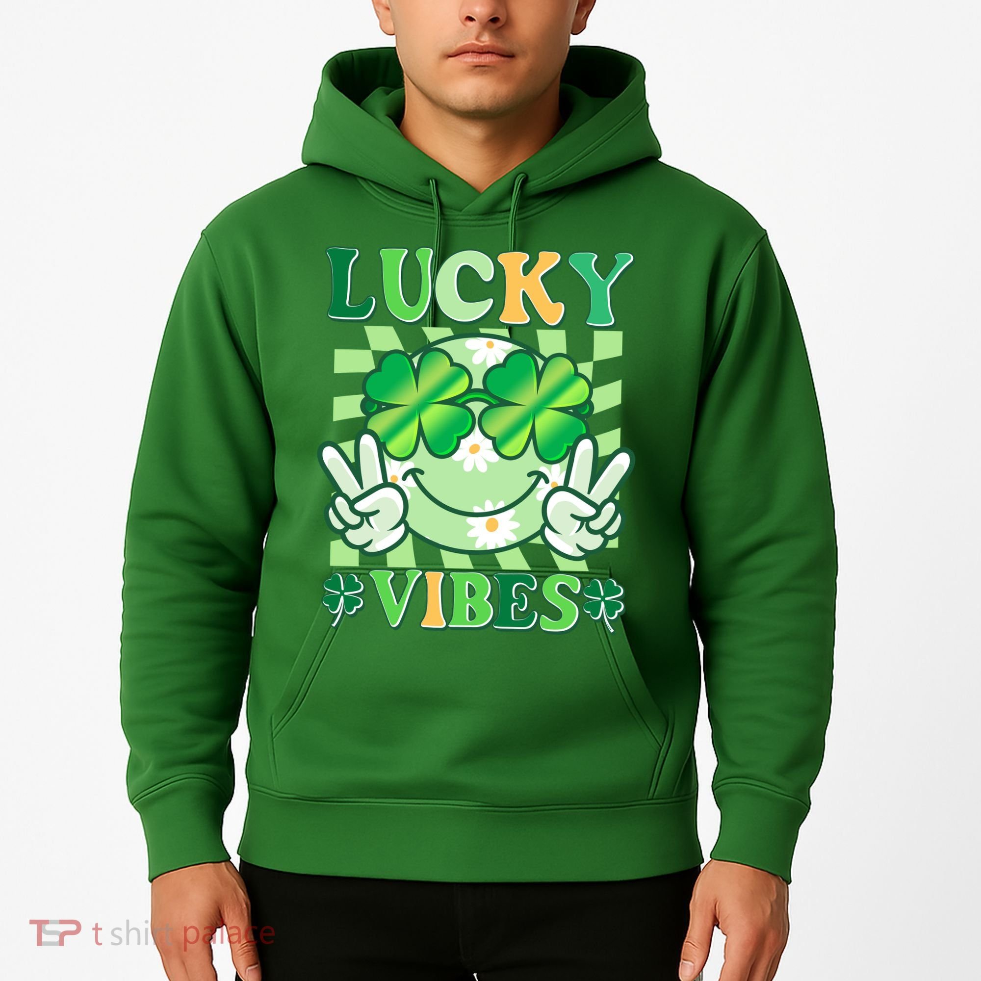 Retro St Patricks Day Lucky Vibes Peace Smiley Emoji Hoodie