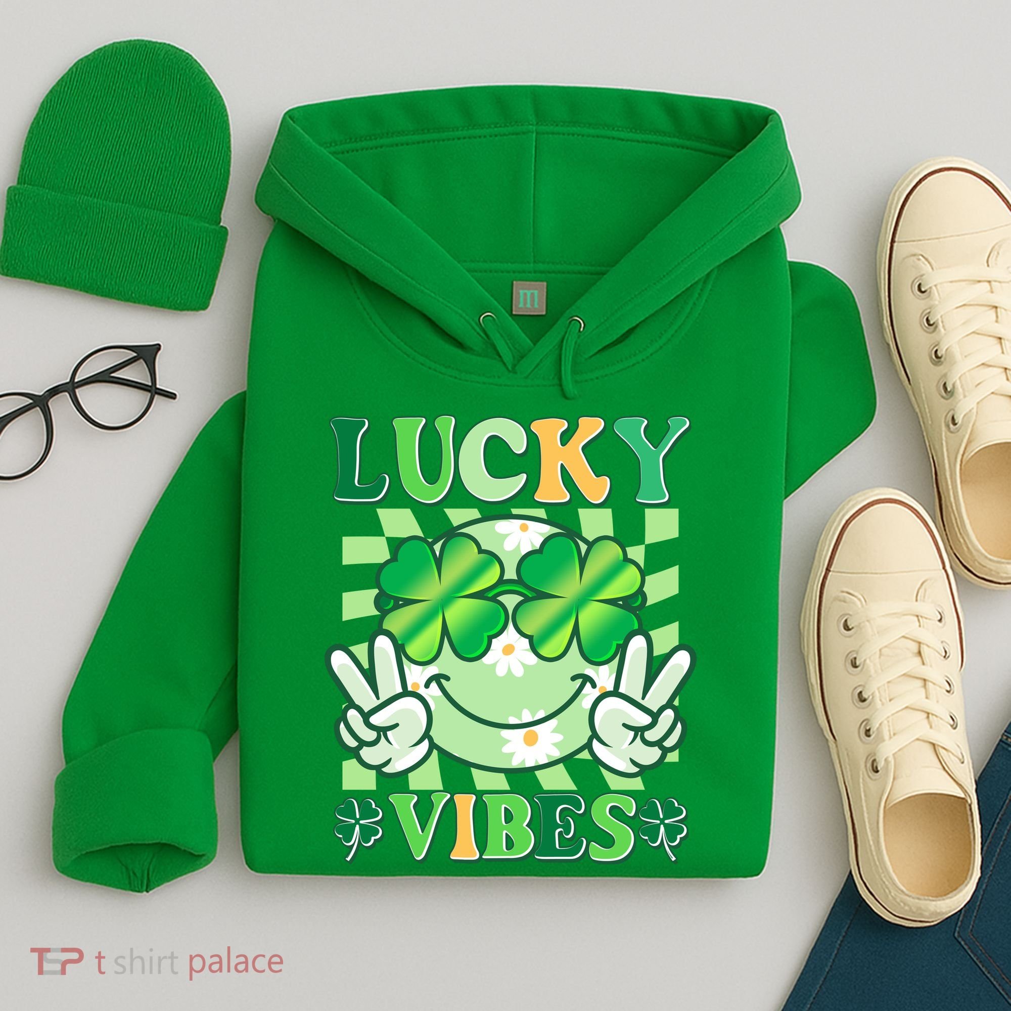 Retro St Patricks Day Lucky Vibes Peace Smiley Emoji Hoodie