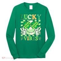 Retro St Patricks Day Lucky Vibes Peace Smiley Emoji Long Sleeve Shirt thumb 0