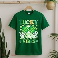 Retro St Patricks Day Lucky Vibes Peace Smiley Emoji T-Shirt thumb 2