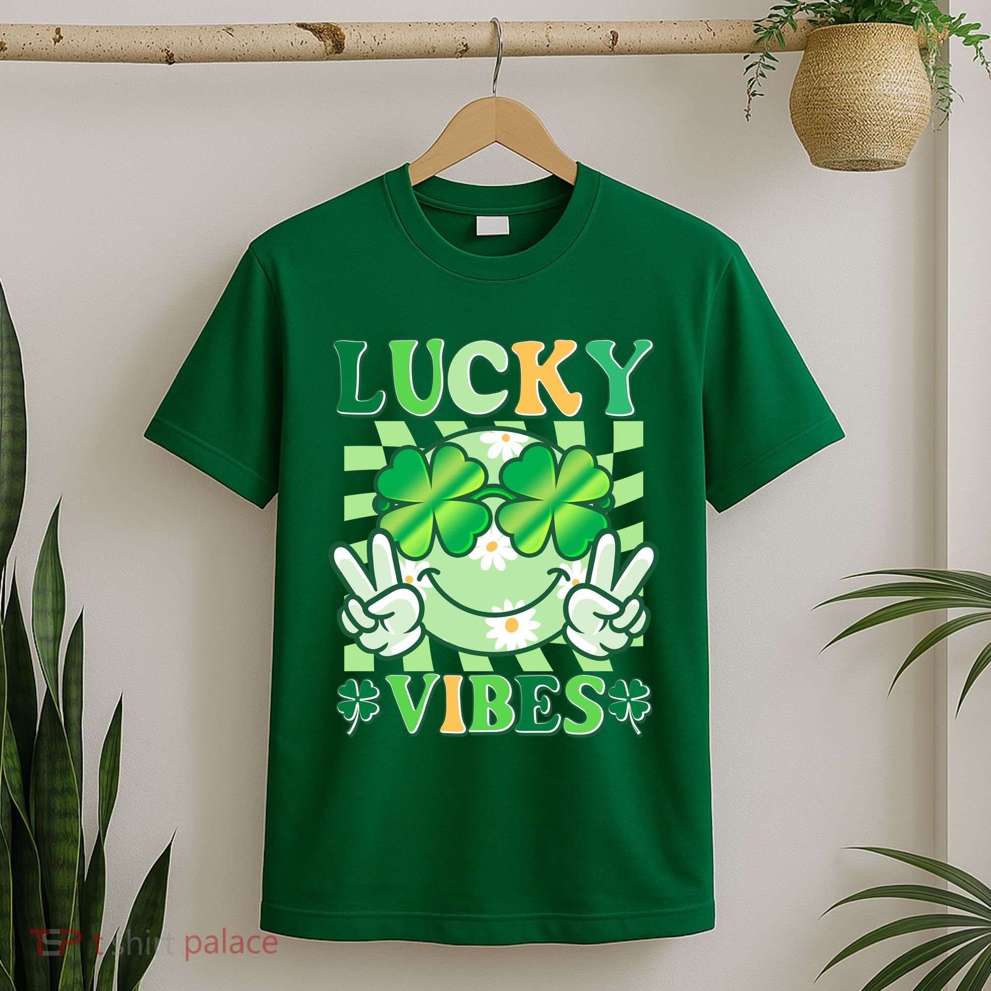 Retro St Patricks Day Lucky Vibes Peace Smiley Emoji T-Shirt
