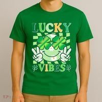 Retro St Patricks Day Lucky Vibes Peace Smiley Emoji T-Shirt thumb 3
