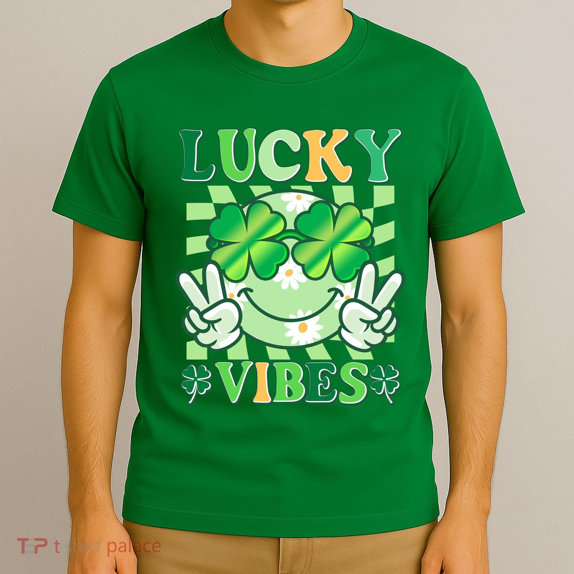 Retro St Patricks Day Lucky Vibes Peace Smiley Emoji T-Shirt