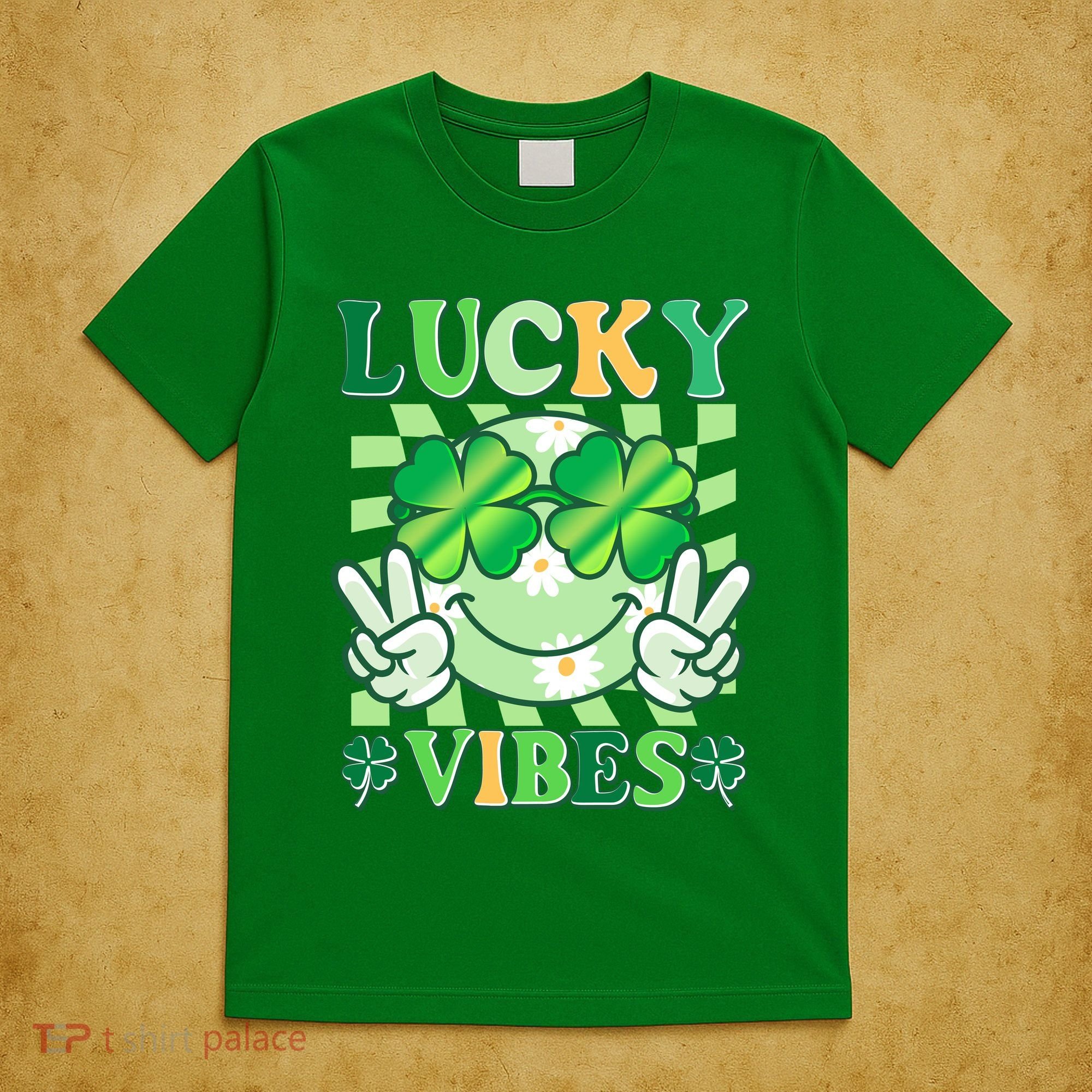 Retro St Patricks Day Lucky Vibes Peace Smiley Emoji T-Shirt