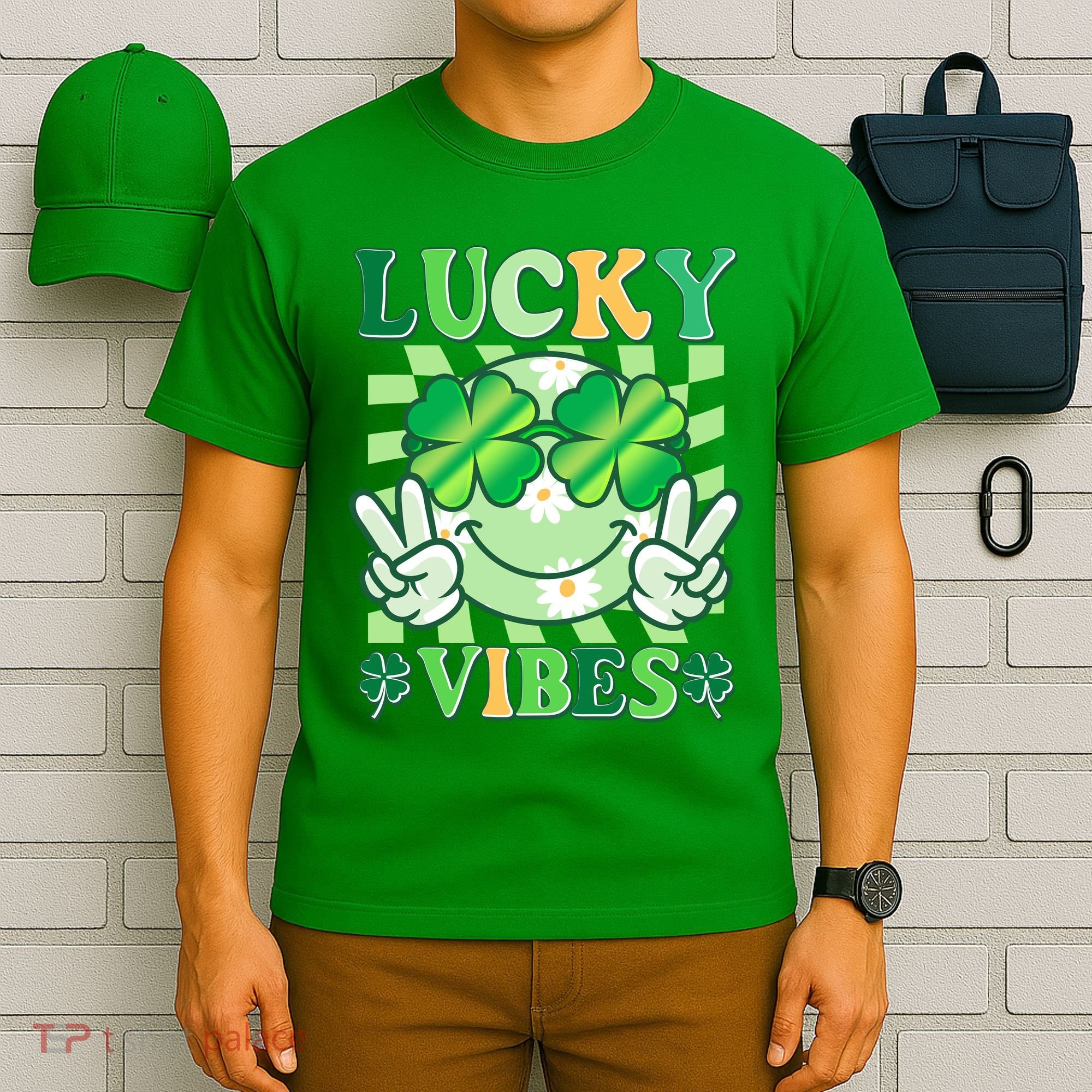 Retro St Patricks Day Lucky Vibes Peace Smiley Emoji T-Shirt