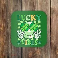Retro St Patricks Day Lucky Vibes Peace Smiley Emoji Coaster thumb 0