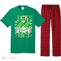Retro St Patricks Day Lucky Vibes Peace Smiley Emoji Pajama Set thumb 0