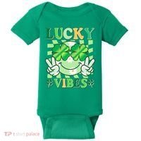 Retro St Patricks Day Lucky Vibes Peace Smiley Emoji Baby Bodysuit thumb 0