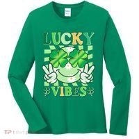 Retro St Patricks Day Lucky Vibes Peace Smiley Emoji Women's Long Sleeve Shirt thumb 0