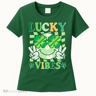 Retro St Patricks Day Lucky Vibes Peace Smiley Emoji Women's T-Shirt