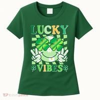 Retro St Patricks Day Lucky Vibes Peace Smiley Emoji Women's T-Shirt thumb 0