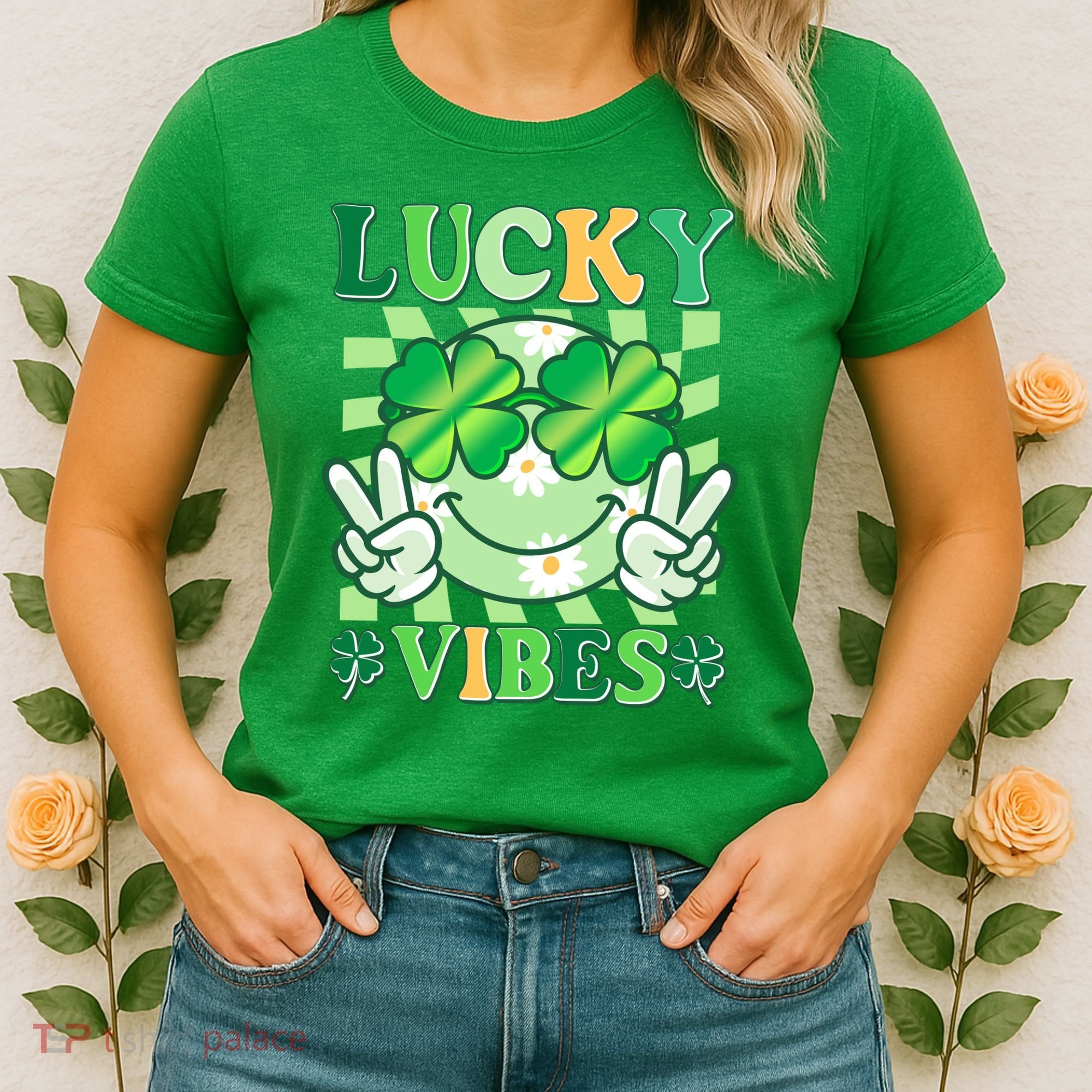 Retro St Patricks Day Lucky Vibes Peace Smiley Emoji Women's T-Shirt