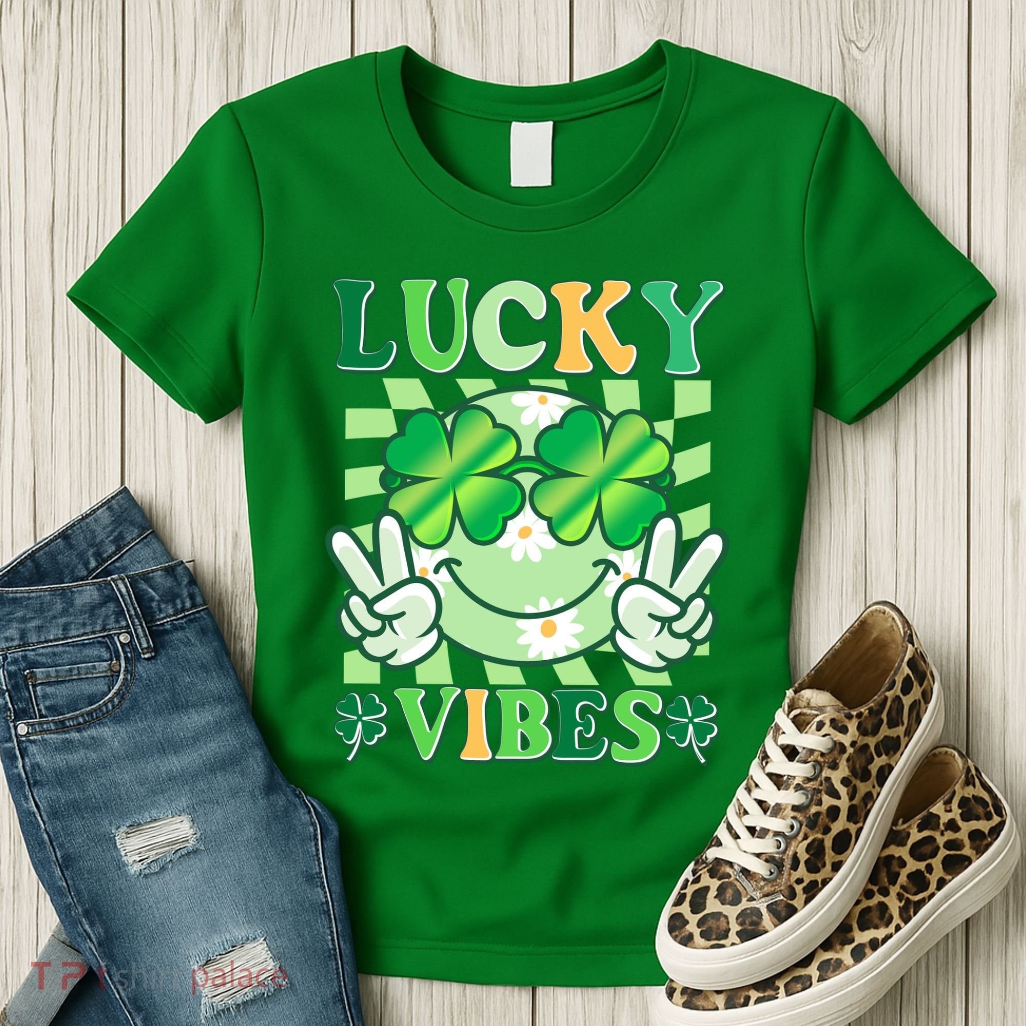 Retro St Patricks Day Lucky Vibes Peace Smiley Emoji Women's T-Shirt