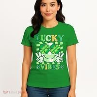 Retro St Patricks Day Lucky Vibes Peace Smiley Emoji Women's T-Shirt thumb 4