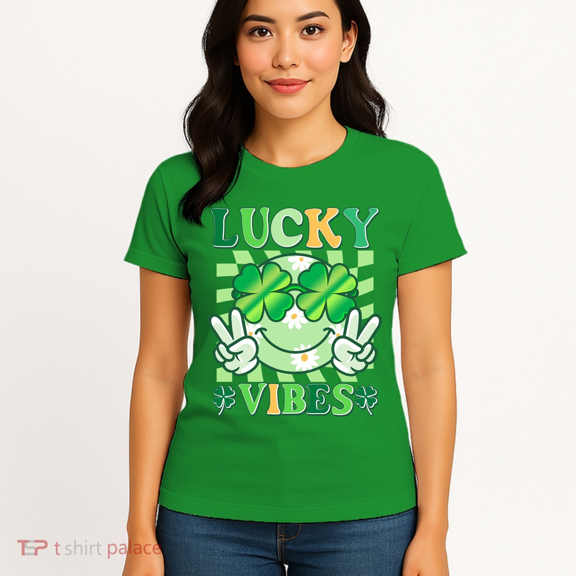 Retro St Patricks Day Lucky Vibes Peace Smiley Emoji Women's T-Shirt