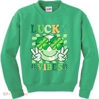 Retro St Patricks Day Lucky Vibes Peace Smiley Emoji Kids Sweatshirt thumb 0
