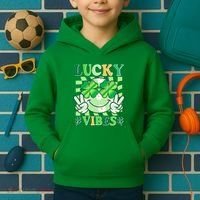 Retro St Patricks Day Lucky Vibes Peace Smiley Emoji Kids Hoodie thumb 2