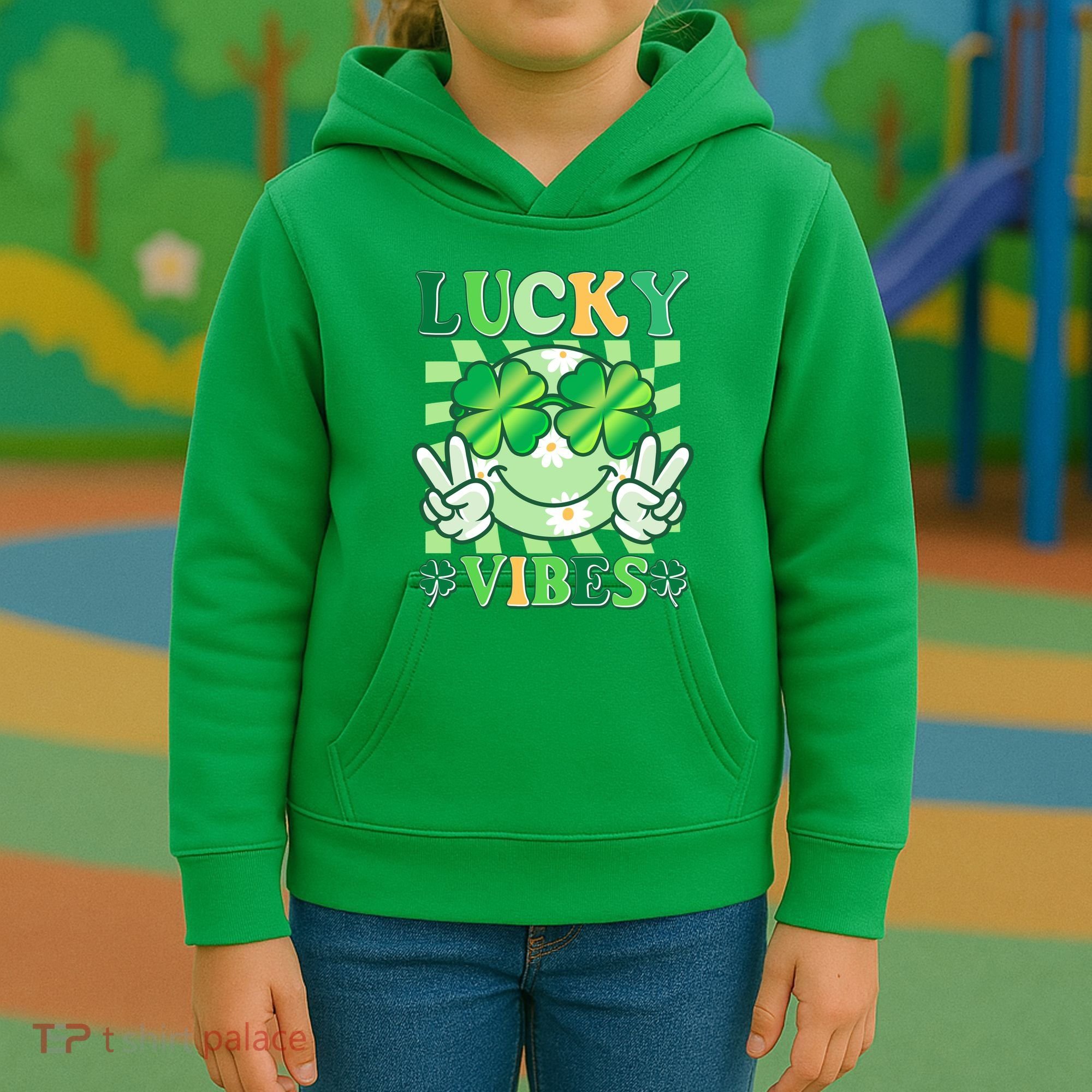 Retro St Patricks Day Lucky Vibes Peace Smiley Emoji Kids Hoodie