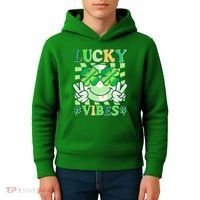 Retro St Patricks Day Lucky Vibes Peace Smiley Emoji Kids Hoodie thumb 4