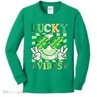 Retro St Patricks Day Lucky Vibes Peace Smiley Emoji Kids Long Sleeve Shirt thumb 0