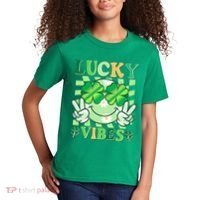 Retro St Patricks Day Lucky Vibes Peace Smiley Emoji Kids T-Shirt thumb 2