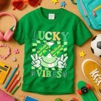Retro St Patricks Day Lucky Vibes Peace Smiley Emoji Kids T-Shirt thumb 3
