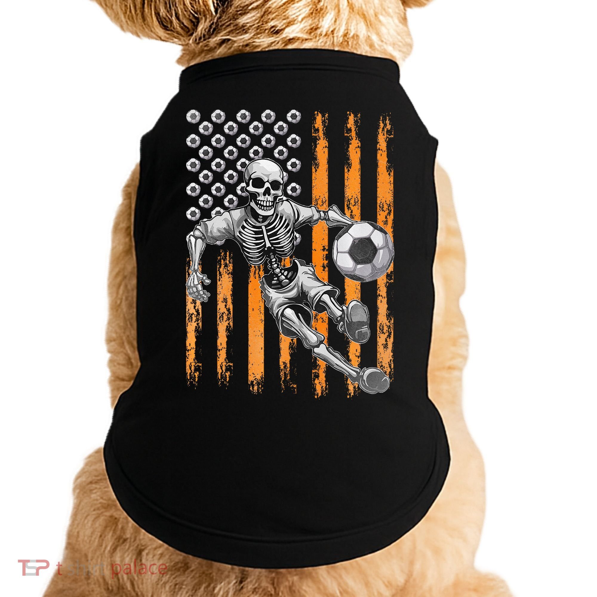 Retro Skeleton Playing Soccer USA Flag Halloween Doggie Tank