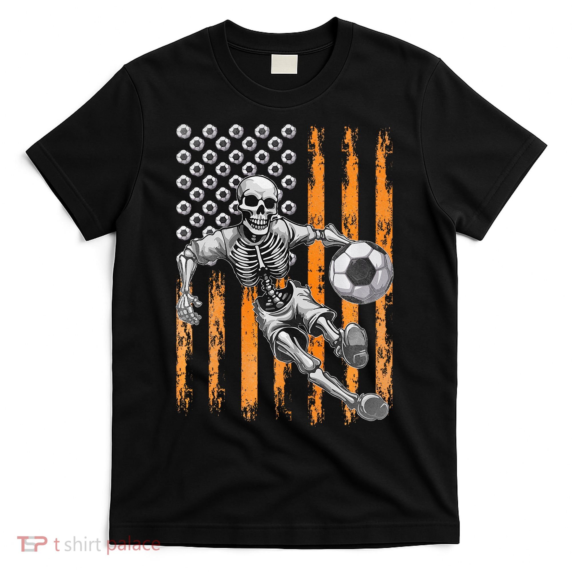 Retro Skeleton Playing Soccer USA Flag Halloween T-Shirt