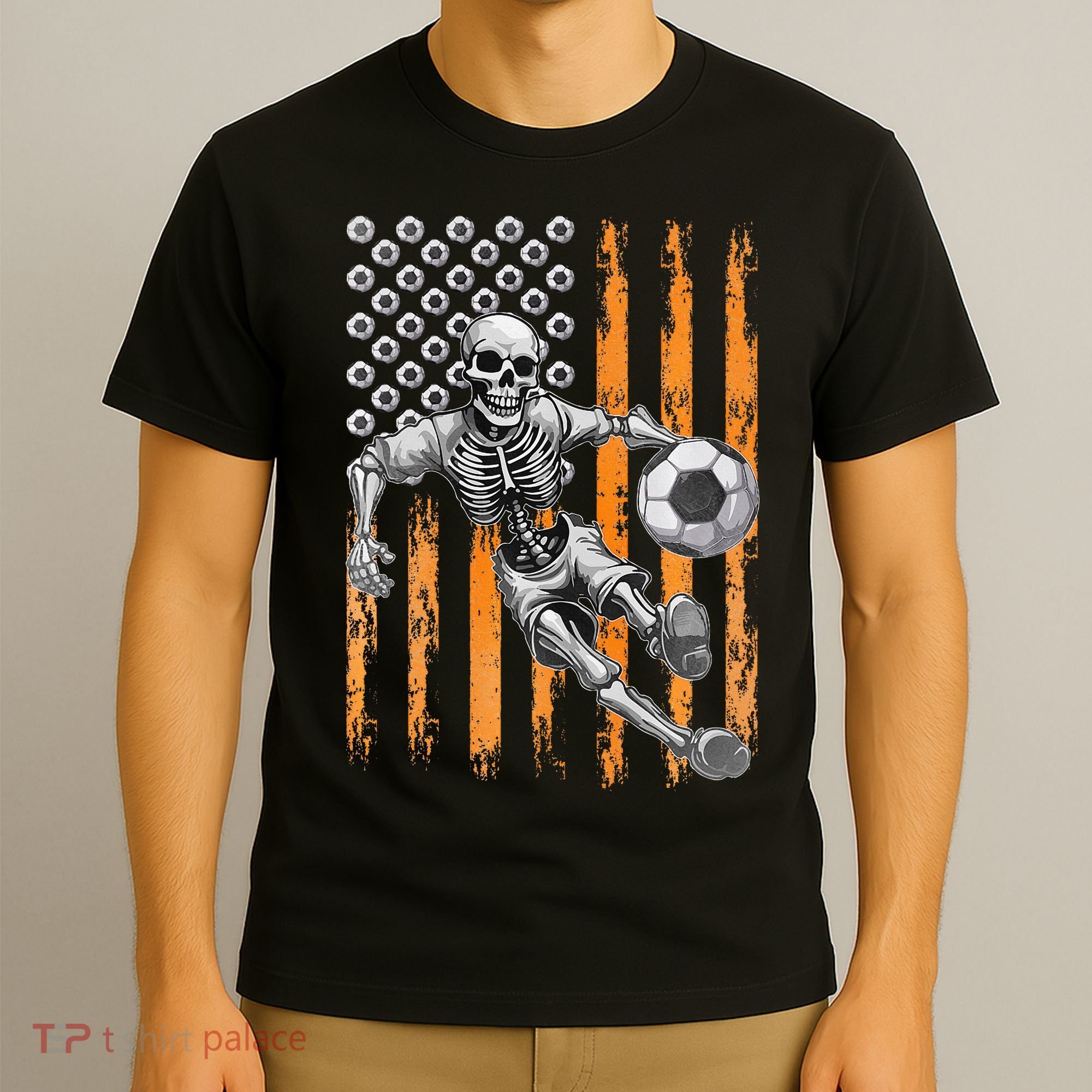 Retro Skeleton Playing Soccer USA Flag Halloween T-Shirt