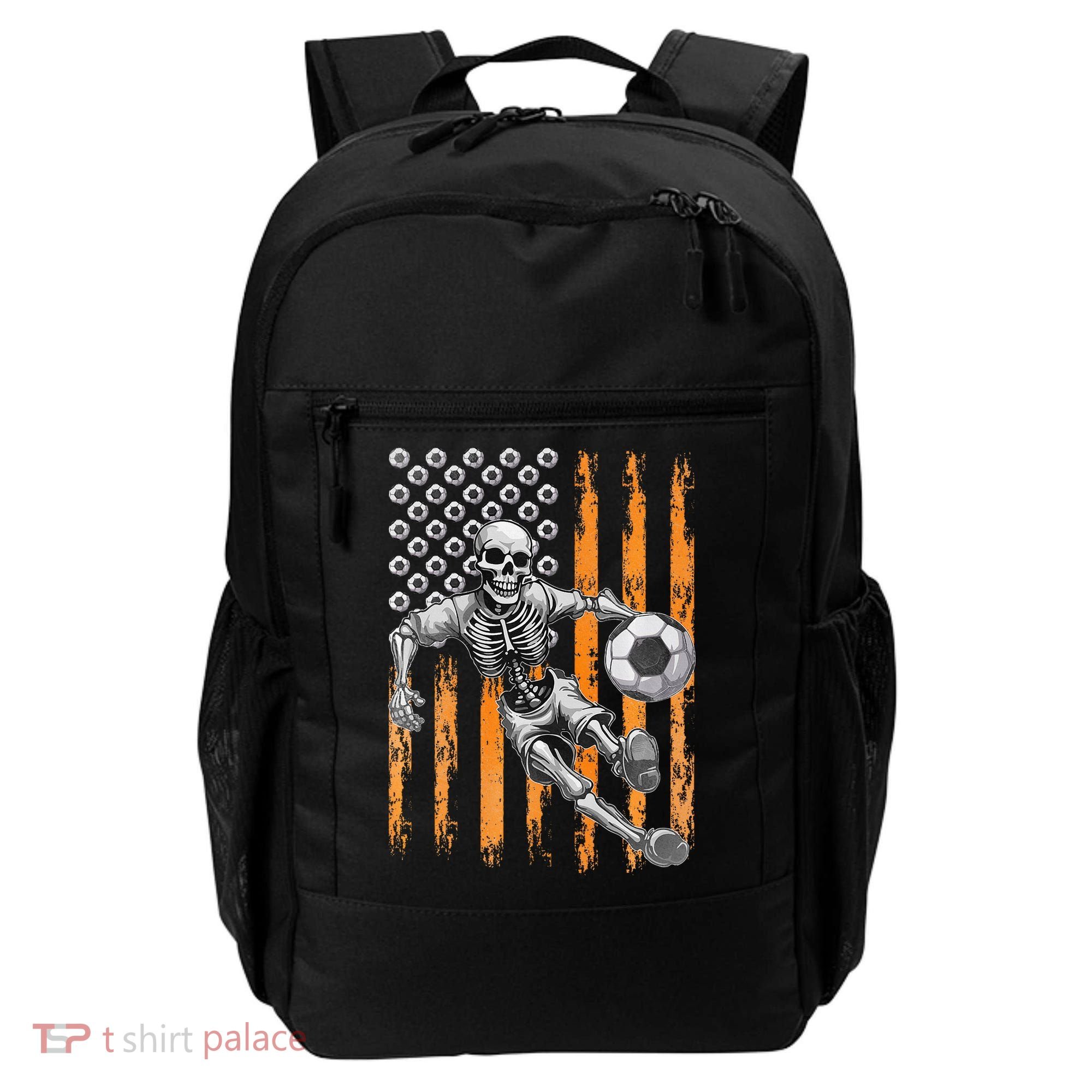 Retro Skeleton Playing Soccer USA Flag Halloween Backpack