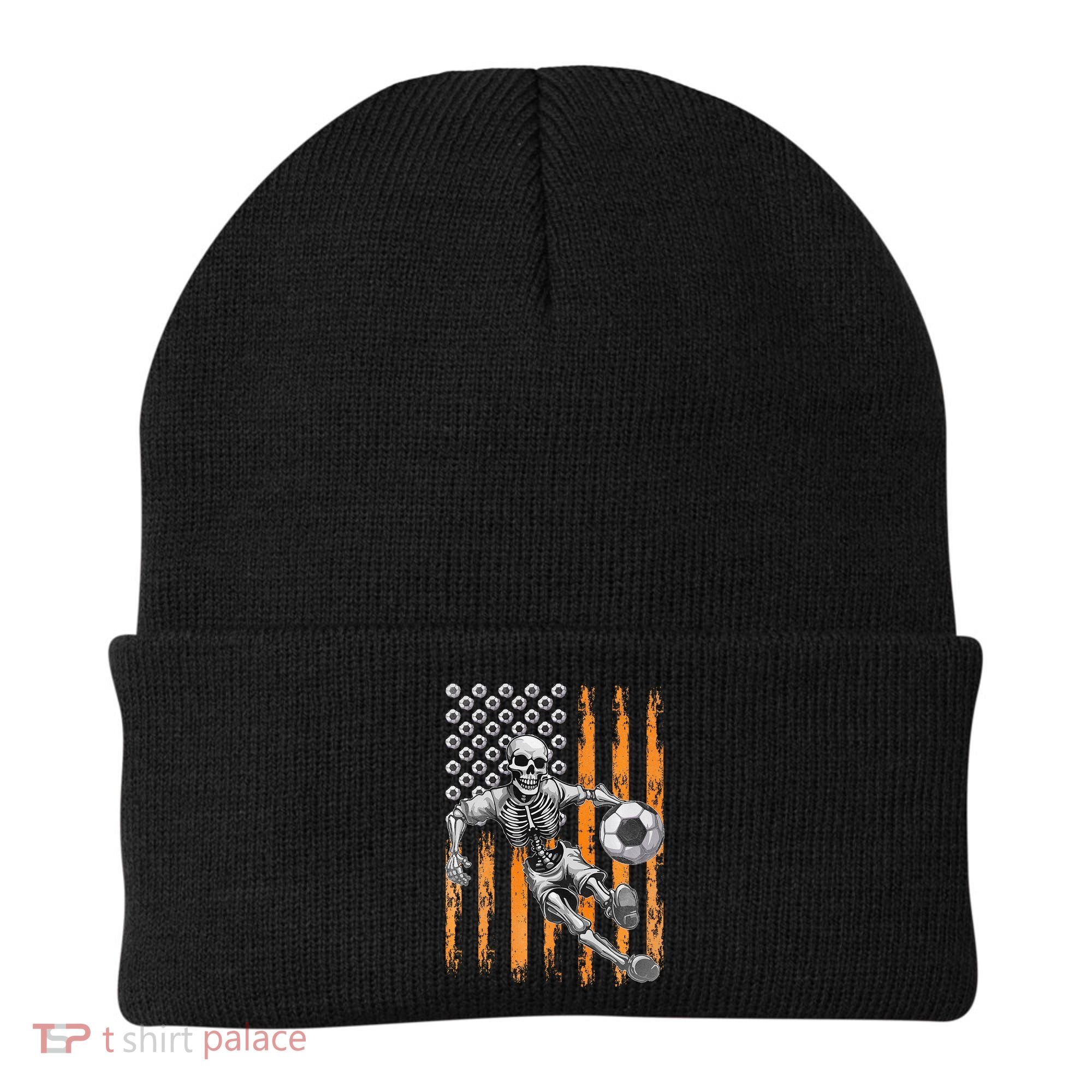 Retro Skeleton Playing Soccer USA Flag Halloween Beanie