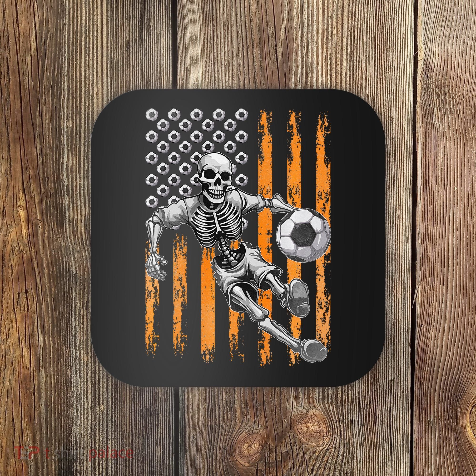 Retro Skeleton Playing Soccer USA Flag Halloween Coaster