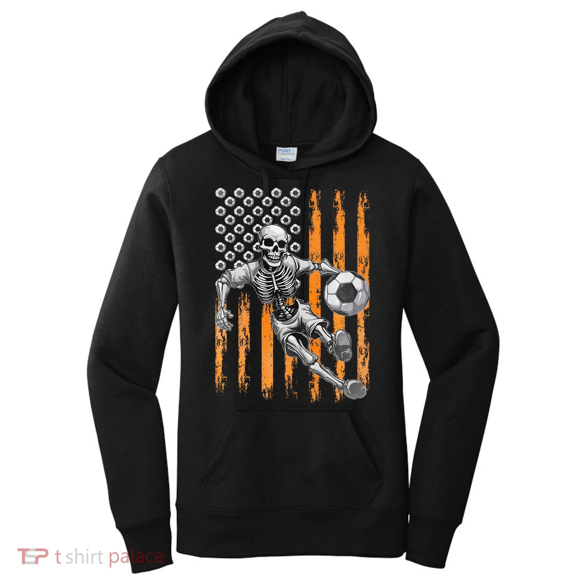 Retro Skeleton Playing Soccer USA Flag Halloween Women's Hoodie