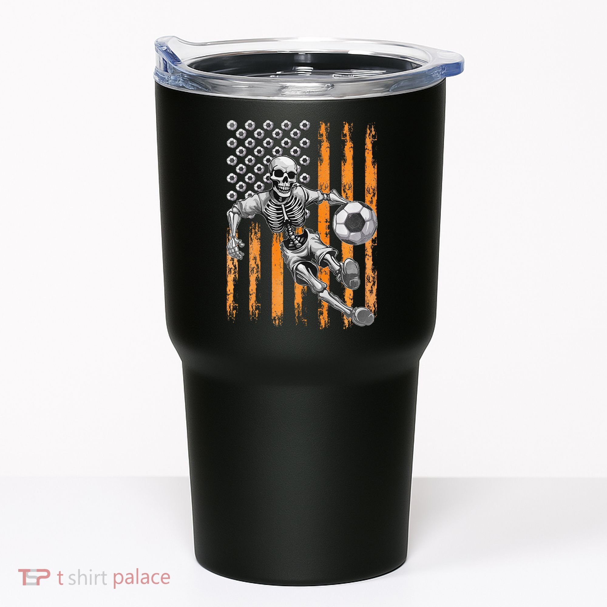 Retro Skeleton Playing Soccer USA Flag Halloween Tumbler