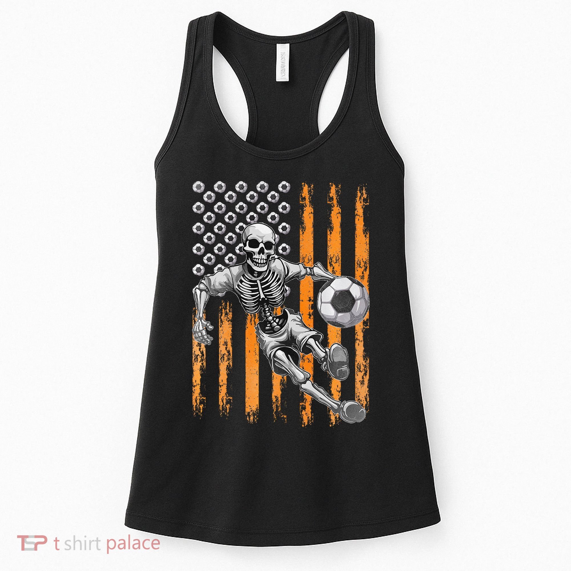 Retro Skeleton Playing Soccer USA Flag Halloween Women's Tank Top