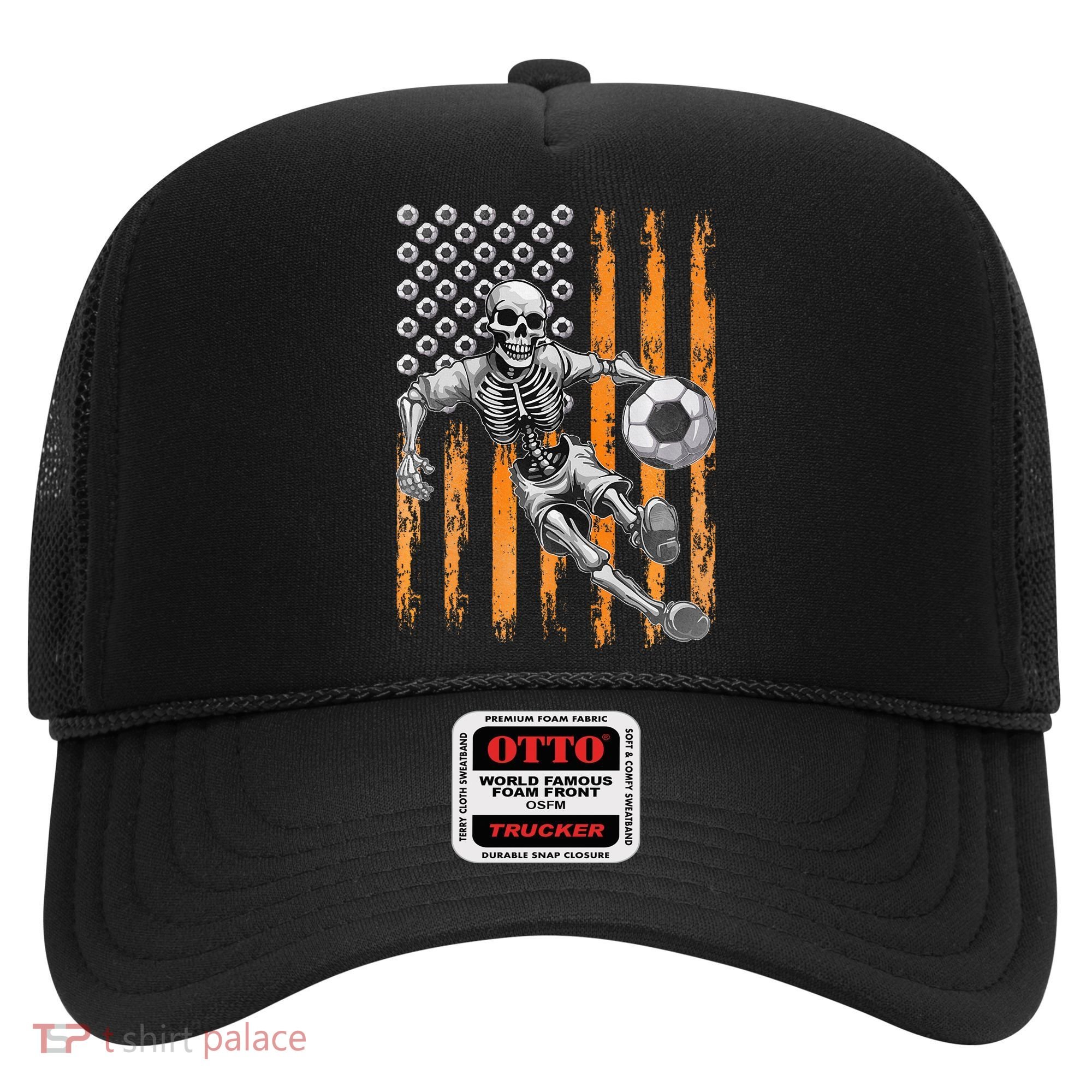 Retro Skeleton Playing Soccer USA Flag Halloween Hat