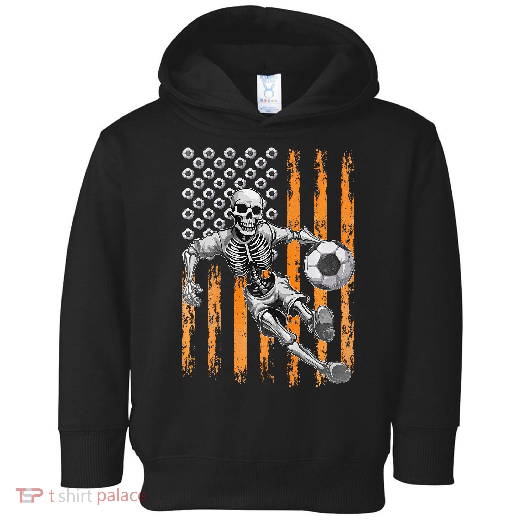 Retro Skeleton Playing Soccer USA Flag Halloween Toddler Hoodie