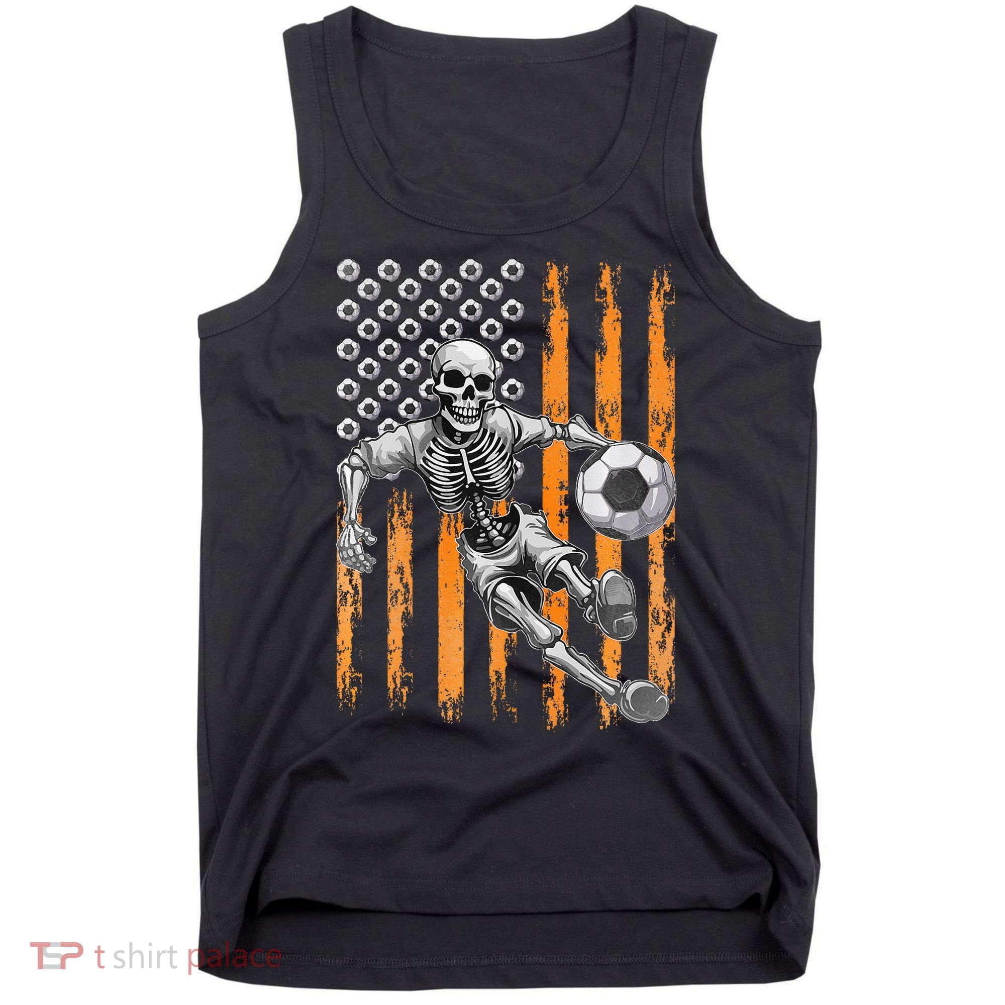 Retro Skeleton Playing Soccer USA Flag Halloween Tank Top