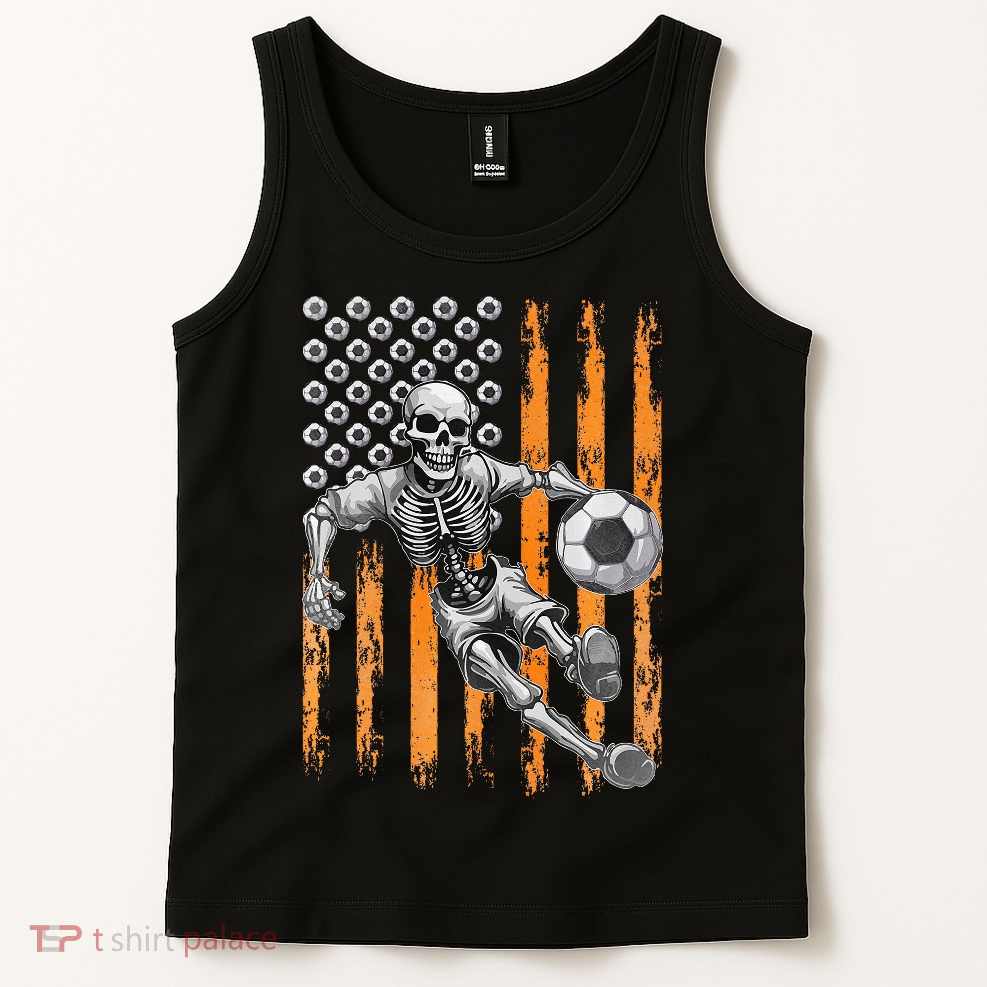 Retro Skeleton Playing Soccer USA Flag Halloween Tank Top